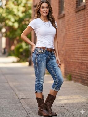 Rock Revival Blue Cropped Embroidered Pocket Jeans